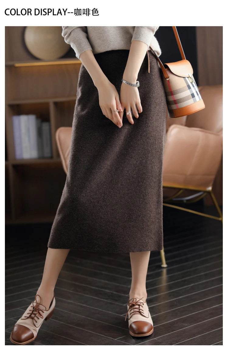 2024 Autumn Winter New 100%Pure Wool Knit Long Skirt Women Casual Thick Korean High Waist Pack Hip Cashmere Wild A-Line Skirt