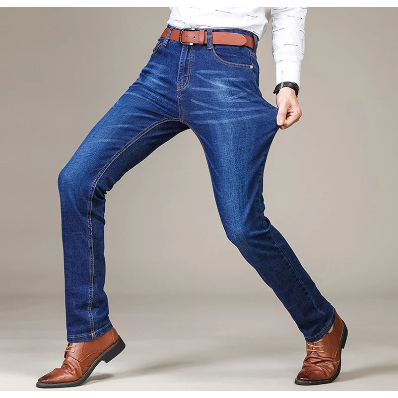 Autumn Classic Men's Fitted Stretch Jeans Business Casual Cotton Denim Straight Leg Pants Male Black Blue Trousers.