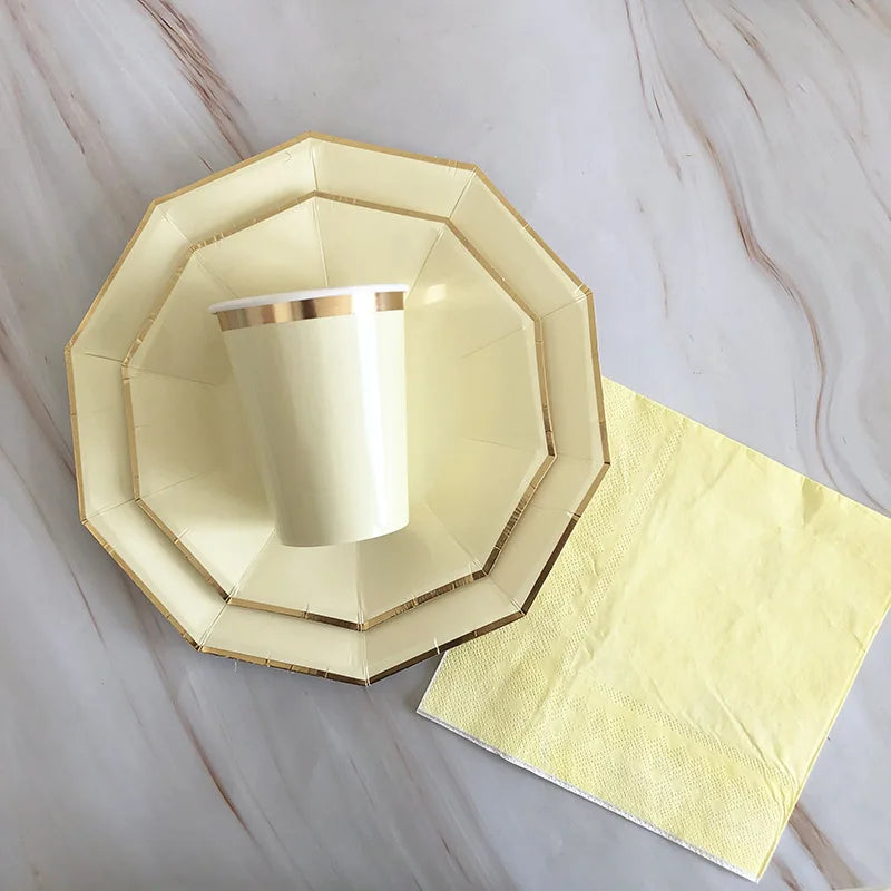 40pcs/set Yellow Green Pink Blue Paper Plates Cups Disposable Tableware Set for Wedding Birthday Party Baby Shower Supplies