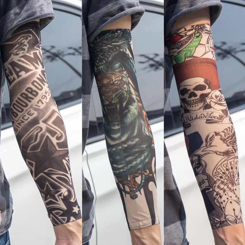 3PCS/lot new mixed 100%Nylon elastic Fake temporary tattoo sleeve skull wolf totem dragon designs body Arm stockings cool men