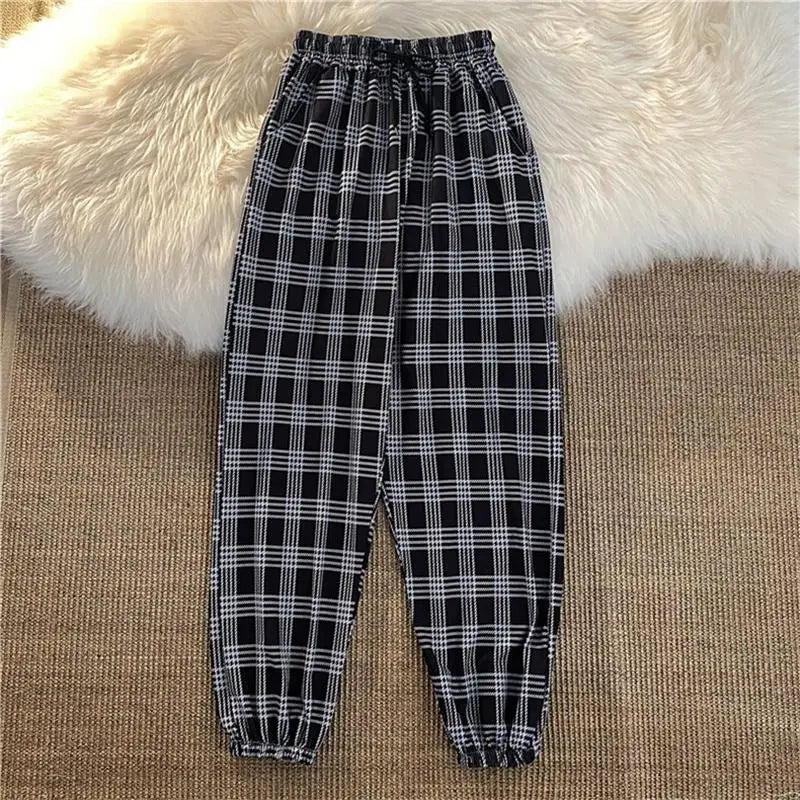 Hosen Frauen Neue Haufen füße Mode Lose Schwarz Plaid Sommer Harajuku Studenten Streetwear Harem Lange Hosen Frauen Chic