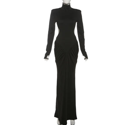 Sexy Backless Long Dress for Women Turtleneck Evening Party Ruched Dress Elegant Solid Long Sleeve Streetwear Maxi Dress 3472.