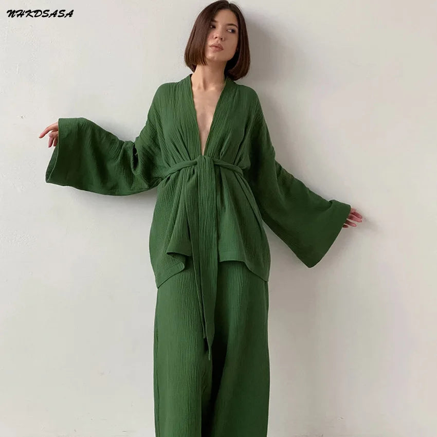 NHKDSASA Kimono Pajamas 2023 New 100% Cotton Crepe Long-Sleeved Trousers Ladies Sleepwear Suit Women's Home Service Mujer.