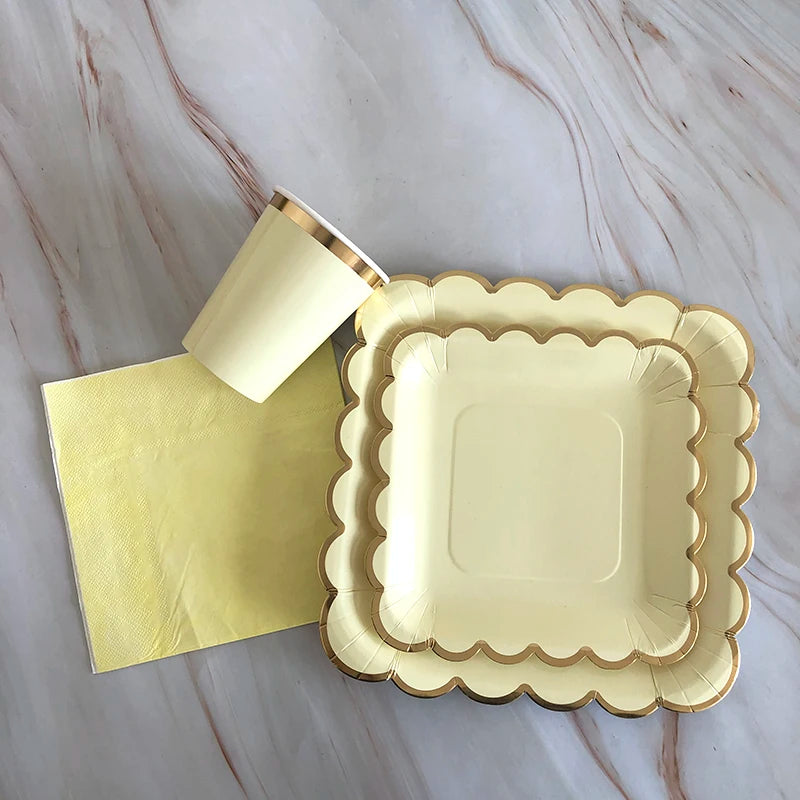 40pcs/set Yellow Green Pink Blue Paper Plates Cups Disposable Tableware Set for Wedding Birthday Party Baby Shower Supplies