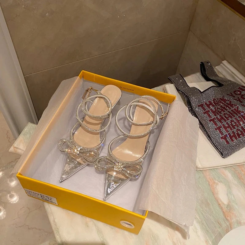 2025 New Fashion Glitter Rhinestones Women Pumps Crystal Bowknot Silk Pointed Toe Buckle Strap Thin High Heels Party Prom Shoes.