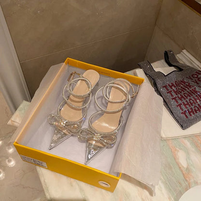 2025 New Fashion Glitter Rhinestones Women Pumps Crystal Bowknot Silk Pointed Toe Buckle Strap Thin High Heels Party Prom Shoes.