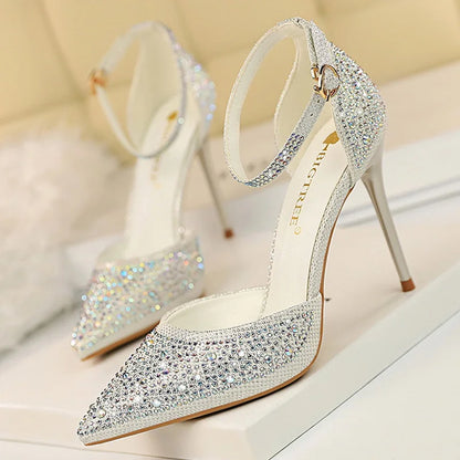 BIGTREE Shoes Shiny Rhinestones High Heels Ladies Shoes Women Pumps Stiletto Sweet Women Heels Wedding Shoes Women Sandals 10 Cm.