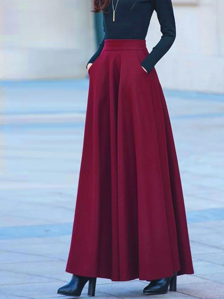 FairyShely 2025 Autumn Winter Retro High Waist Pleated Skirt Women Casual Pocket Woolen Maxi Skirt female Flare Red Long skirt.