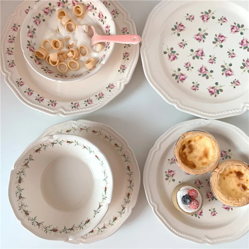 Ceramic Plate French Style Retro Floral Reliefs Food Plate Yogurt Salad Bowl Dessert Plate Dish Dinner Wedding Set Dinner Plates.