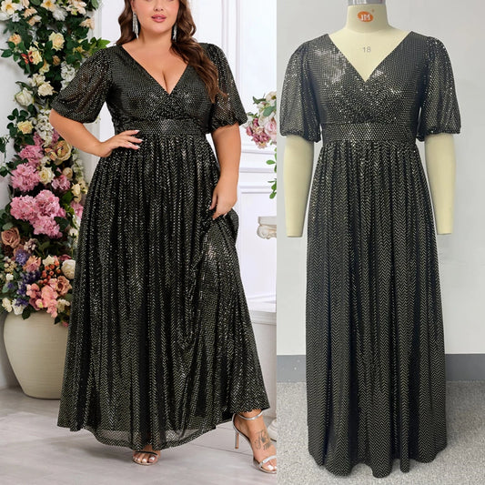 Trendy Luxury Plus Size Women Elegant Evening Dresses Short Sleeve A-line Shiny Party Dresses Women Church Dresses With Lining