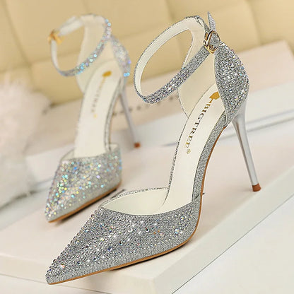 BIGTREE Shoes Shiny Rhinestones High Heels Ladies Shoes Women Pumps Stiletto Sweet Women Heels Wedding Shoes Women Sandals 10 Cm.