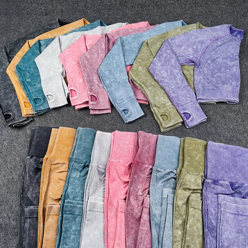 Women Seamless Yoga Set Fitness Sports Suits Gym Clothing Long Sleeve Crop Top Shirts High Waist Running Leggings Workout Pants.