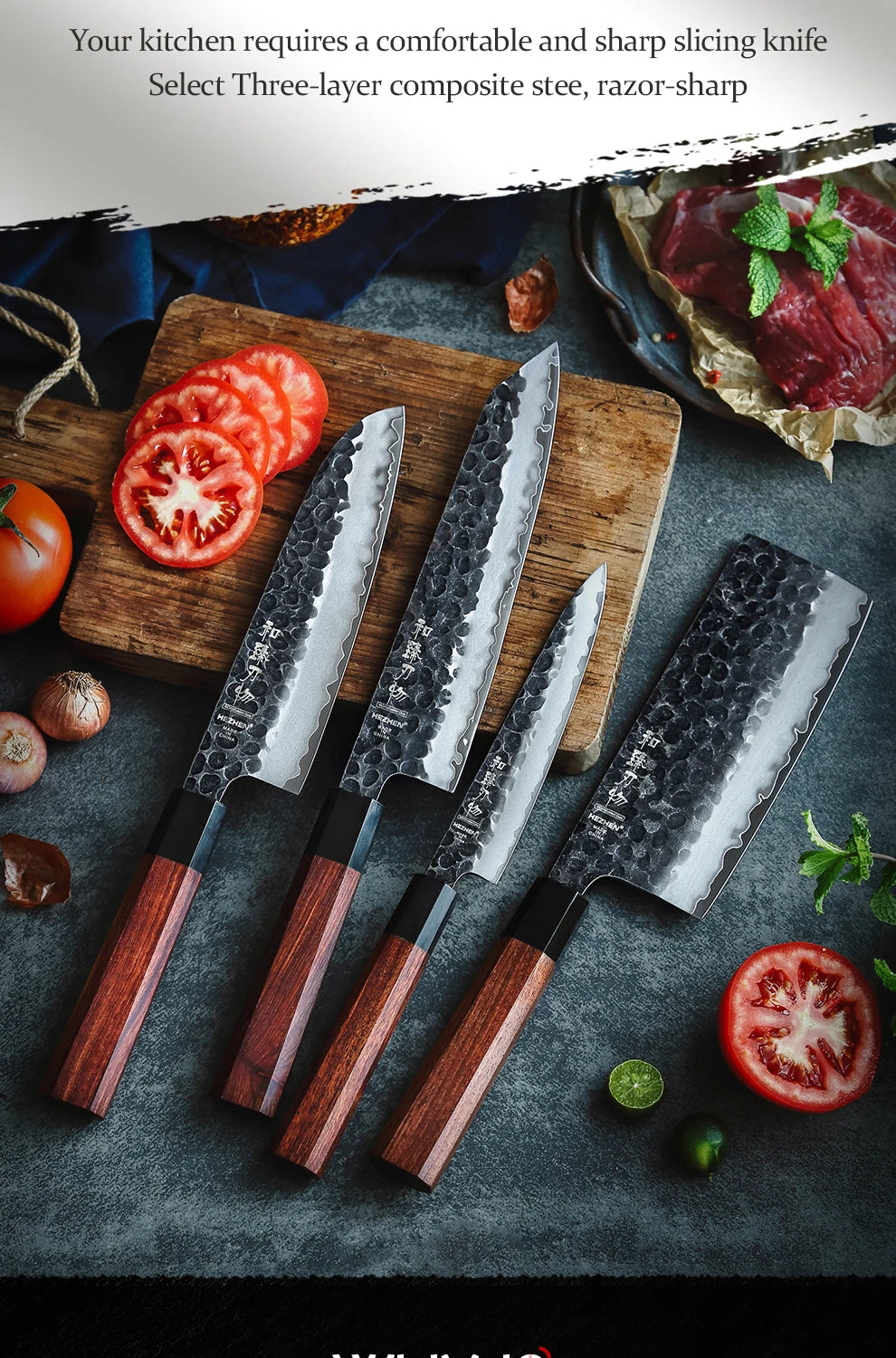 HEZHEN 1PC-5PC Kitchen Knife Set Chef Utility Stainless Steel 3 Layers Composite Steel Santoku Nakiri Kitchen Accessories.