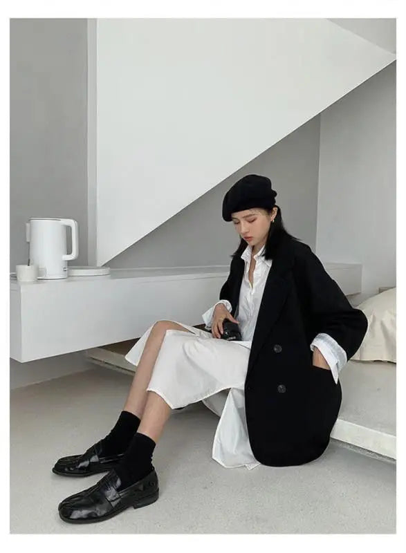 Neue 2025, Vintage Lose Frauen Solide Blazer Herbst Chic Zweireiher Weibliche Lange Hülse Anzug Jacken Stilvolle Damen Blazer