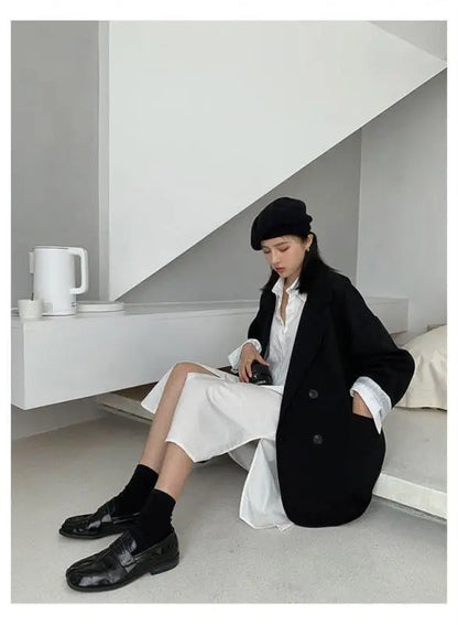 Neue 2025, Vintage Lose Frauen Solide Blazer Herbst Chic Zweireiher Weibliche Lange Hülse Anzug Jacken Stilvolle Damen Blazer