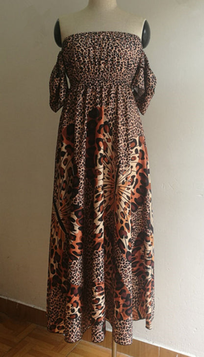 Boho Leopard Kleid Frauen Weg Schulter Rüschen Hülse Sommer Kleid Sexy Strappy Slash neck Vestido Lange Sommerkleid Party Kleider.