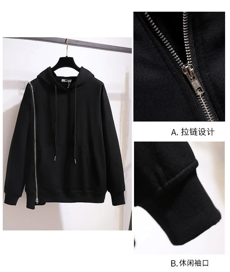 150Kg Plus Größe frauen Frühling Herbst Lose Mit Kapuze Sweatshirt Büste 154cm 6XL 7XL 8XL 9XL 10XL Lange hülse Gefälschte Zipper Top Schwarz