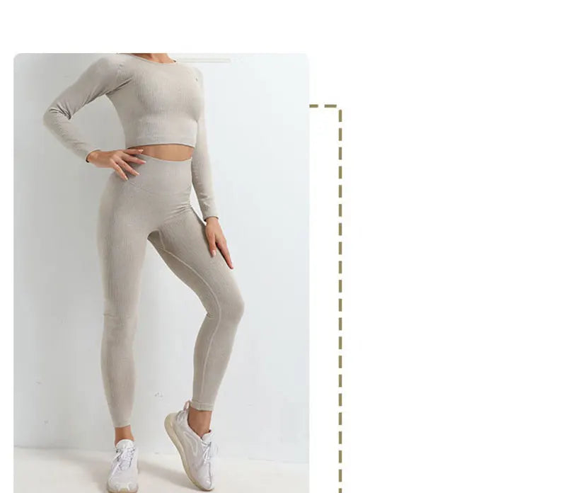 Women Seamless Fitness Yoga Suit Knitt Workout Long Sleeve Crop Top Sports Bra High Waist Running Leggings Gym Clothing 2/3Pcs.