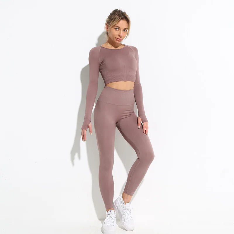 2pcs seamless hyperflex workout sport outfits for women sportswear athletic clothes gym Long Sleeve Crop Top High Waist Leggings