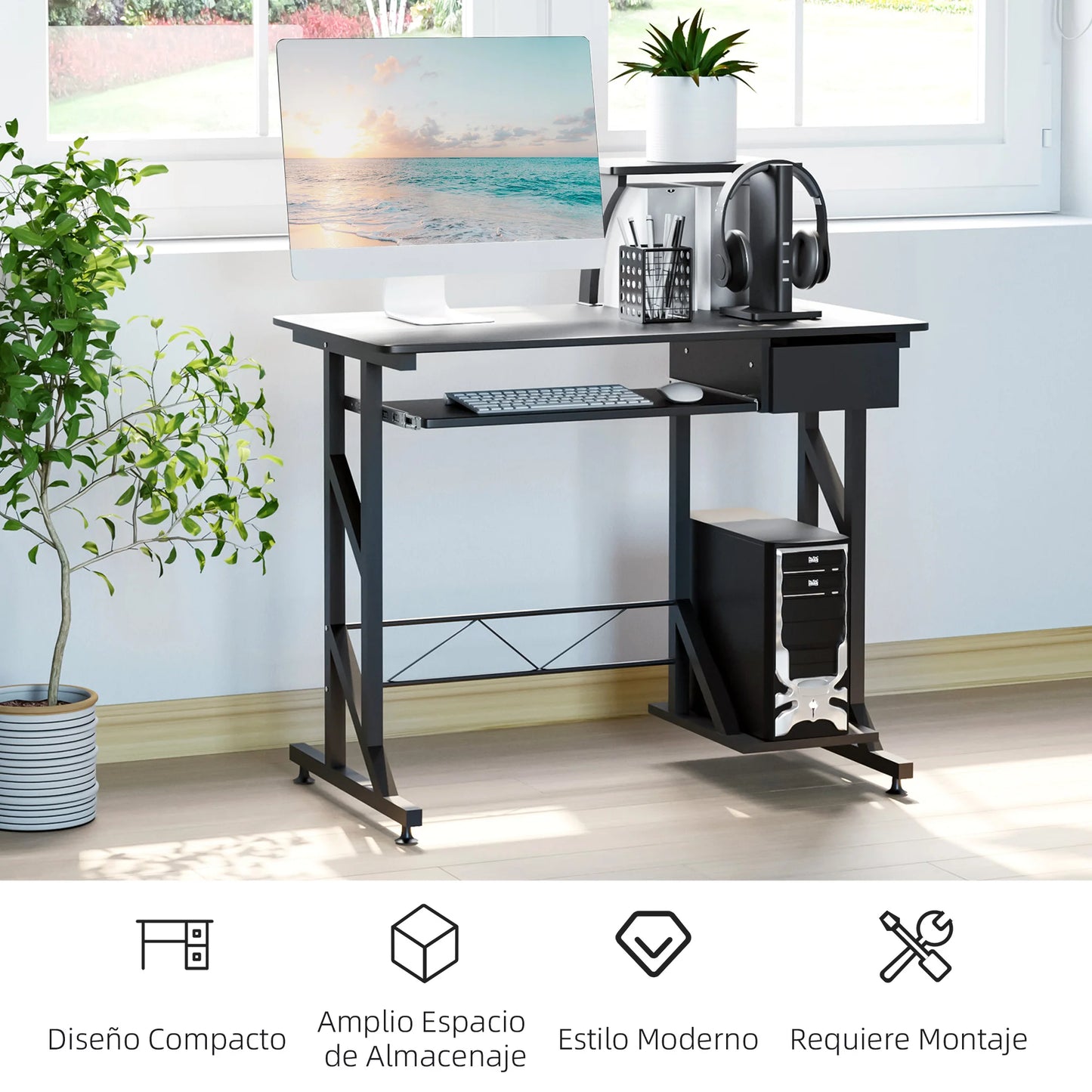 HOMCOM Computertisch, Schubladenablage, Tastaturunterstützung, CPU-Lautsprecher, 90 x 50 x 100 cm