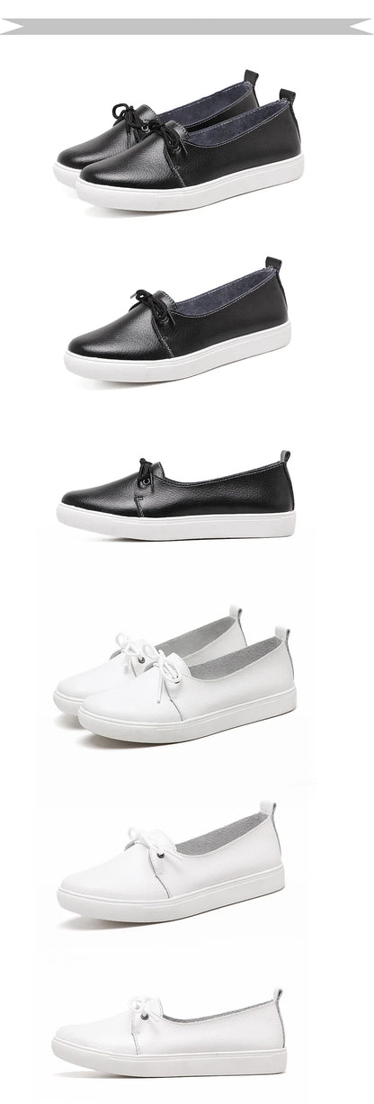 WOIZGIC Women Students Gril Female Genuine Leather White Shoes Flats Platform Lace Up Korean Casual Vulcanized Shoes FEZ-173.