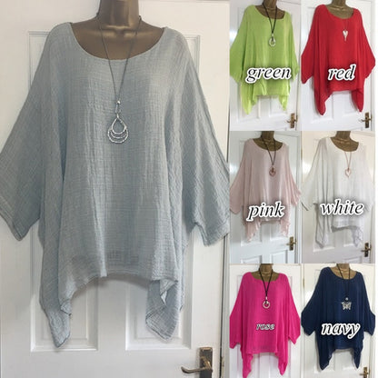 Autumn Fashion Batwing Sleeve Solid Color Loose O-neck 3/4 Sleeve Casual Blouse Top for Women.