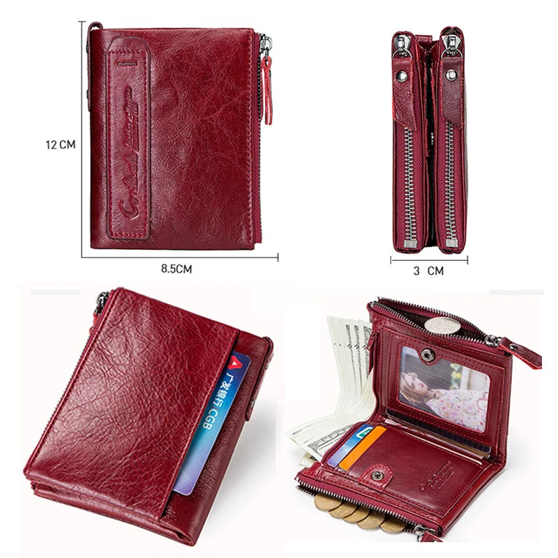 Fashion Genuine Leather Women Wallet Bi-fold Wallets Red ID Card Holder Coin Purse With Double Zipper Small Women's Purse 2022.