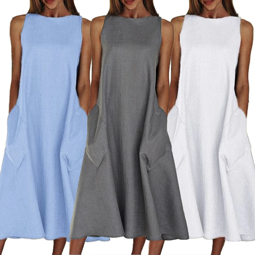 Sommer-Vintage-Kleid für Damen, ärmellos, einfarbig, O-Ausschnitt, Taschen, großer Saum, lässig, langes lockeres Kleid, Gelb.