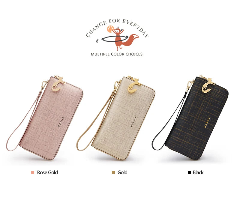FOXER Women Split Leather Wallet Bifold Clutch Bag with Wristlet Fashion Card Holder Coin Purse Cellphone Bag Female Money Bag