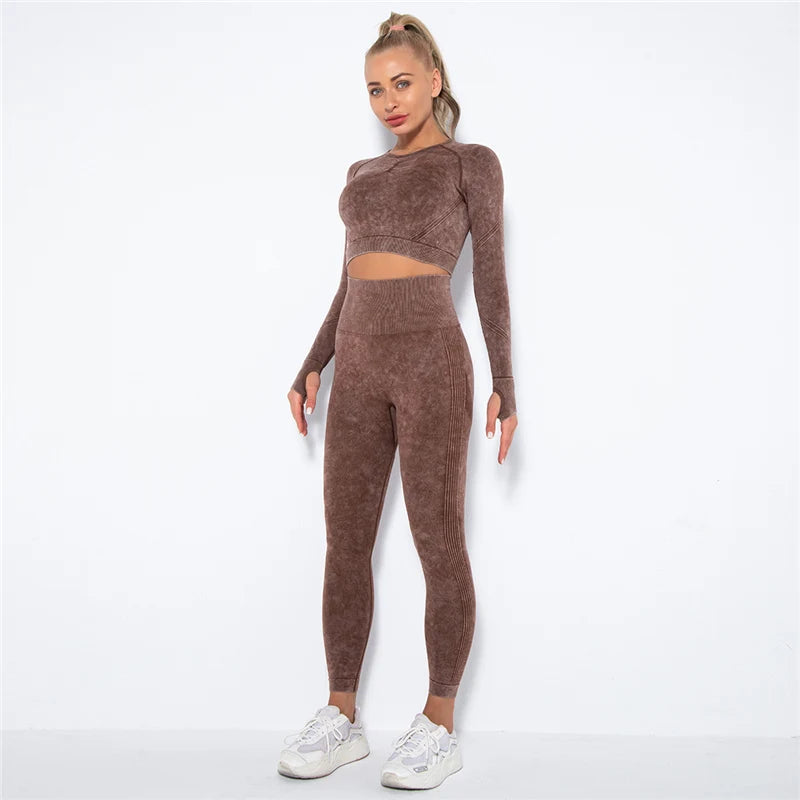 Women Seamless Yoga Set Fitness Sports Suits Gym Clothing Long Sleeve Crop Top Shirts High Waist Running Leggings Workout Pants.