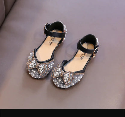Girls Party Shoes Elegant Rhinestone Fashion Children's Leather Shoes Versatile Sweet Kids Princess Wedding Dress Flats Sandals.