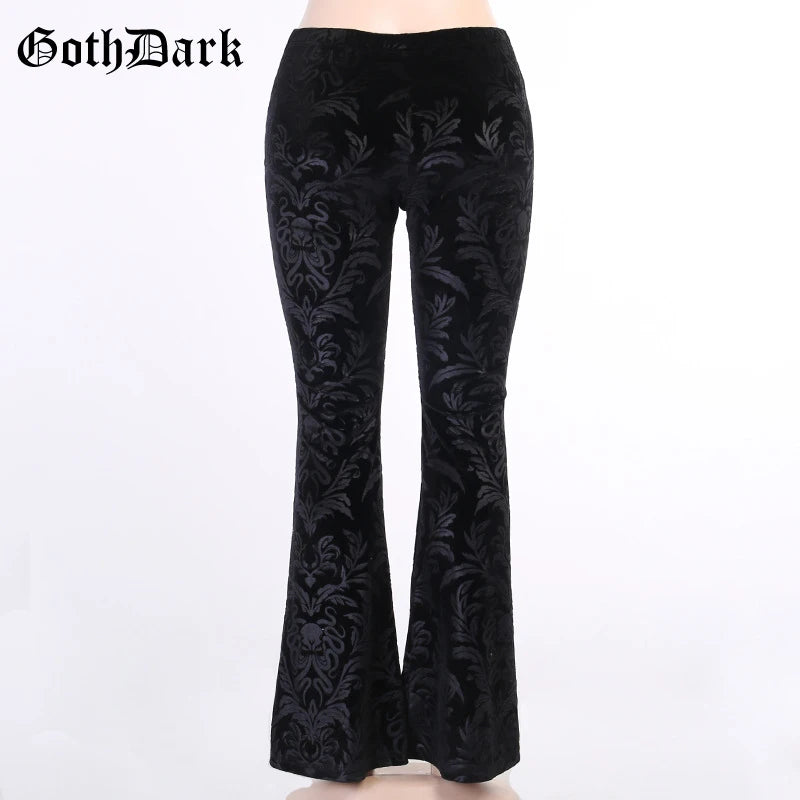 Goth Dark Vintage Floral Scratched Mall Gothic Pants Velvet High Waist Skinny Flare Trousers for Women Streetwear Cyber Y2K Pant.