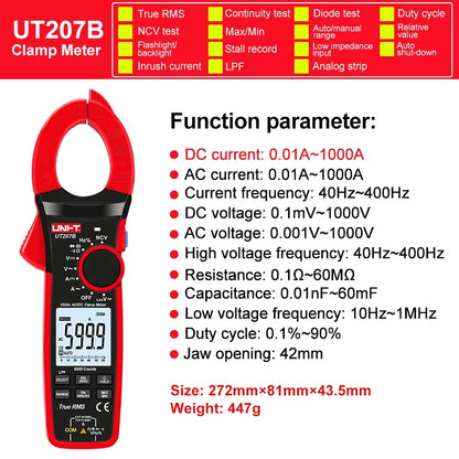UNI-T Zangenmessgerät UT207B UT208B AC DC Amperometrische Zange Digitalmultimeter Amperemeter Zange Einschaltstrom Tester Werkstatt Werkzeuge