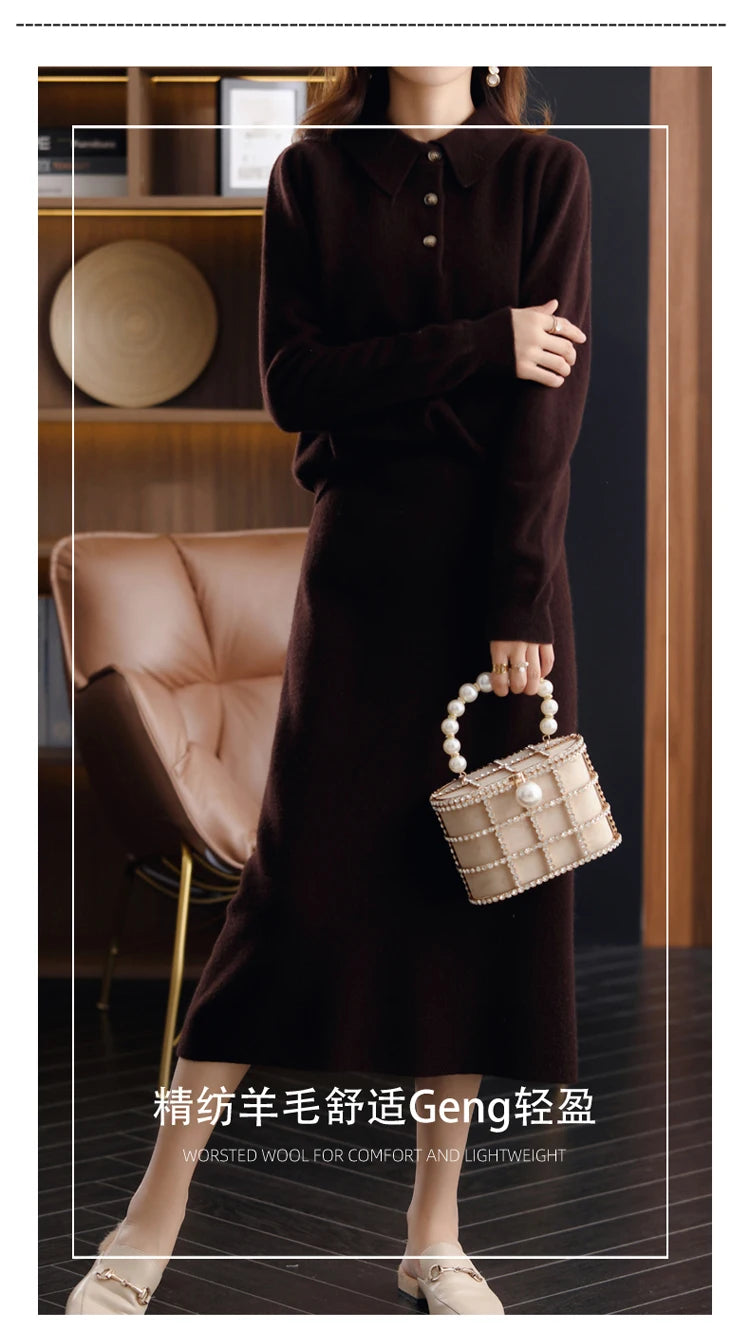 2024 Autumn Winter New 100%Pure Wool Knit Long Skirt Women Casual Thick Korean High Waist Pack Hip Cashmere Wild A-Line Skirt.