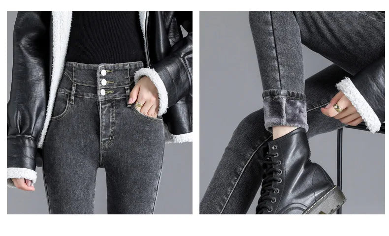 Thermische Winter Dicke Fleece High-taille Warme Dünne Jeans Dicke Frauen Stretch Taste Bleistift Hosen Mom Casual Samt Jeans