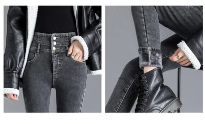 Thermische Winter Dicke Fleece High-taille Warme Dünne Jeans Dicke Frauen Stretch Taste Bleistift Hosen Mom Casual Samt Jeans