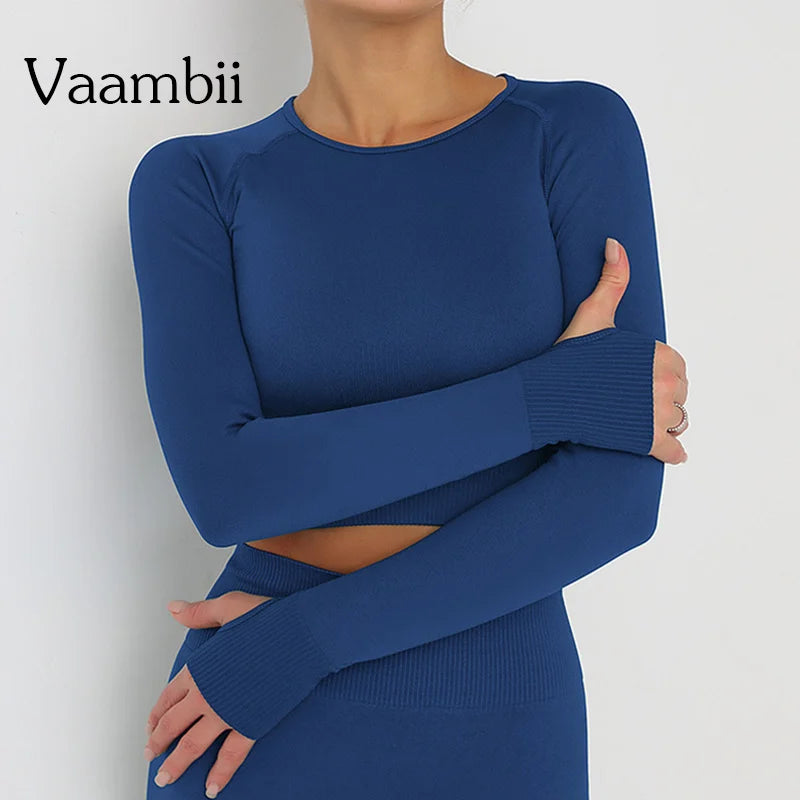 Seamless Athletic Crop Top Woman Sports T-shirts Yoga Top Knitted Shirt Long Sleeve Workout Tops For Women Fashion Gym Clothes.
