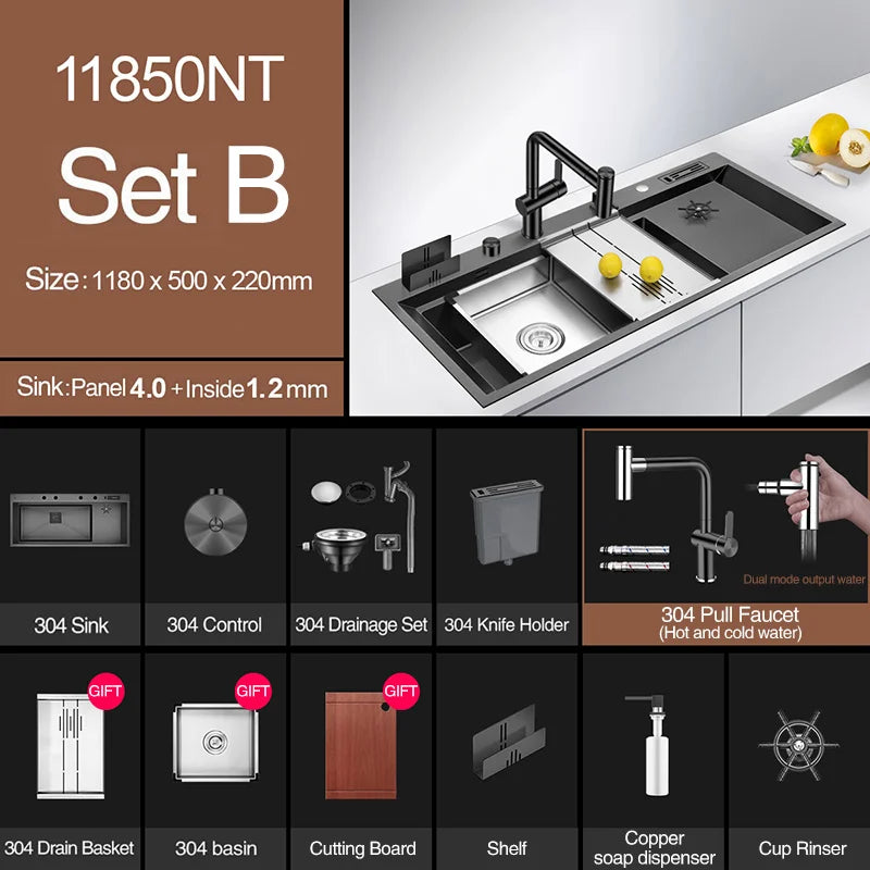 ASRAS New Nanometer Large Size Single Cup Rinser Kitchen Sink 4mm Thickness 220mm Depth With Drain Plate Knife Holder Sinks