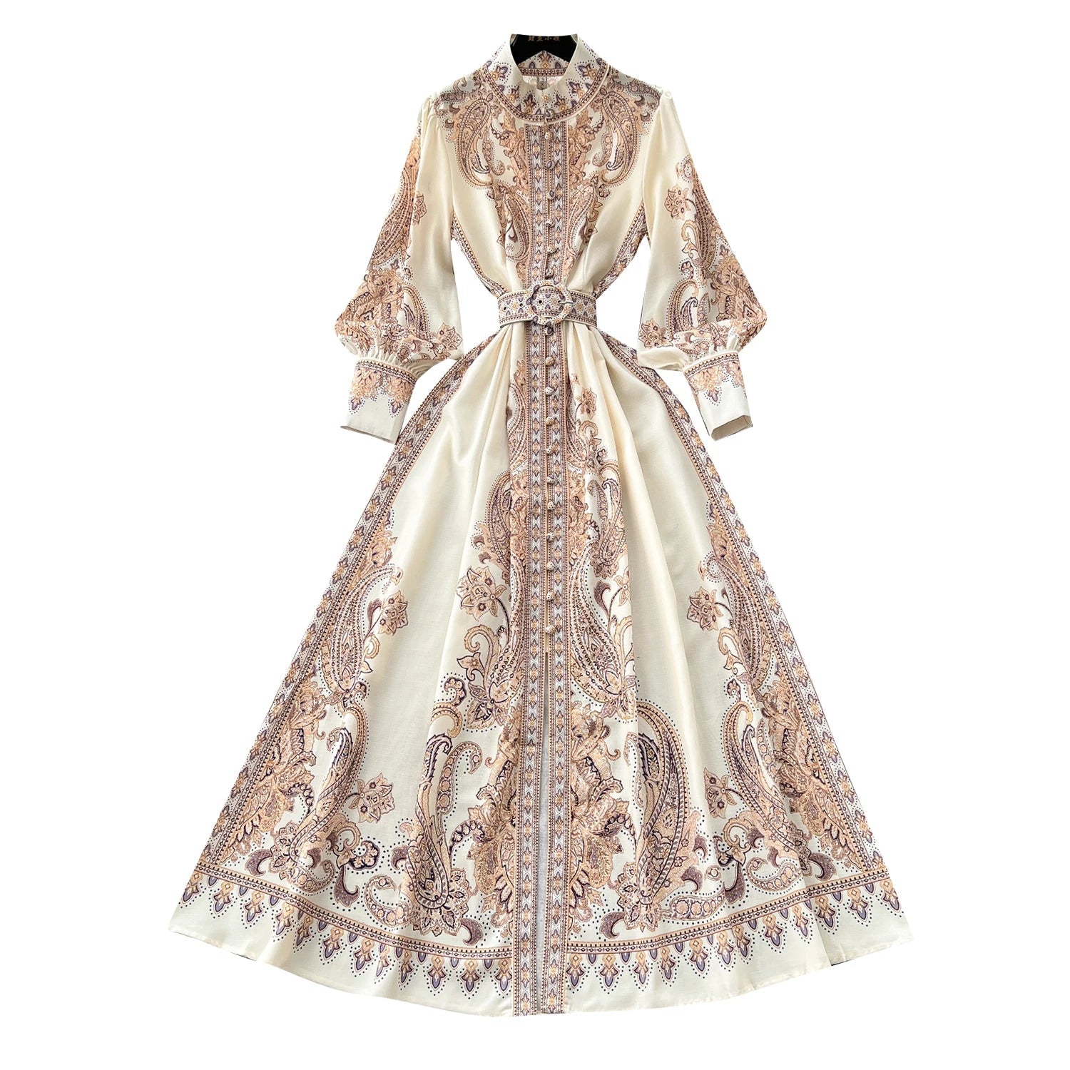 2025 Spring Vintage Stand Collar Tunic Casual Midi Dress For Women Lantern Sleeve Empire Printed Lace Dress.