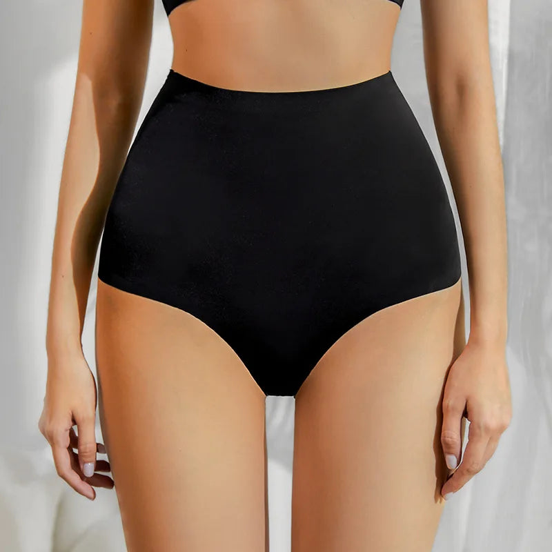 European American Plus Size Women's High Waist Ice Silk Trousers Firm Nylon Briefs Traceless Lace Stitching Thin Body Shaping.