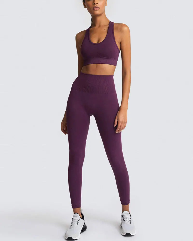 High Waist Elastic Seamless Yoga Wear Women Fitness Clothes Gym Clothing Workout Set Long Sleeve Crop Top Leggings Sports Suit