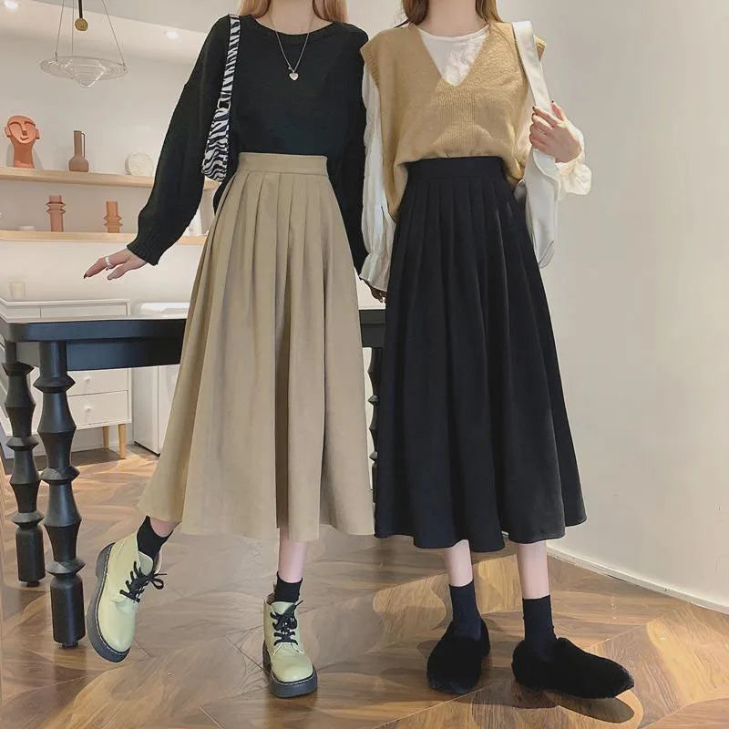 Lucyever Vintage Brown High Waist Pleated Skirt Women Korean Fashion College Style Long Skirt Ladies Autumn Casual A line Skirts.