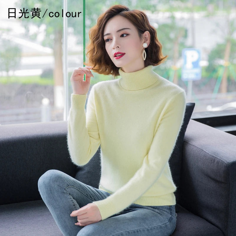 Herbst Winter 100% Nerz Kaschmir Pullover Frauen Strickwaren Pullover Dicke Warme Einfarbig Plus Größe Basis Hohe Revers Kleidung Tops