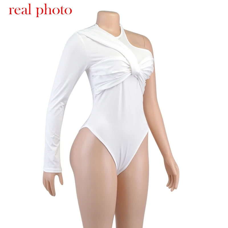 Cryptographic One Shoulder Sexy Backless Twist Bodysuits Women Long Sleeve Top Slim High Waist Bodysuit Club Party Streetwear.