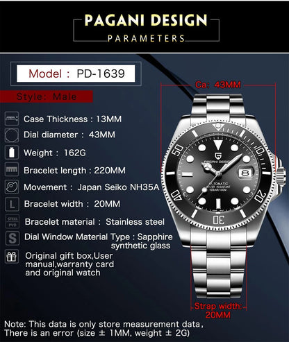 PAGANI DESIGN Top Brand Automatic Watch Luxury Sapphire Glass Mechanical Wristwatch Sports Stainless Steel Waterproof Men Watch.