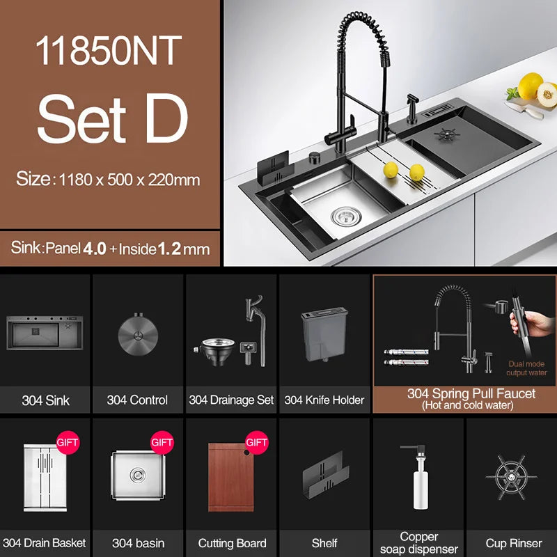 ASRAS New Nanometer Large Size Single Cup Rinser Kitchen Sink 4mm Thickness 220mm Depth With Drain Plate Knife Holder Sinks
