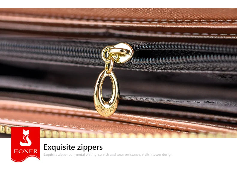 FOXER Women Split Leather Wallet Bifold Clutch Bag with Wristlet Fashion Card Holder Coin Purse Cellphone Bag Female Money Bag