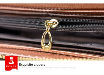 FOXER Women Split Leather Wallet Bifold Clutch Bag with Wristlet Fashion Card Holder Coin Purse Cellphone Bag Female Money Bag