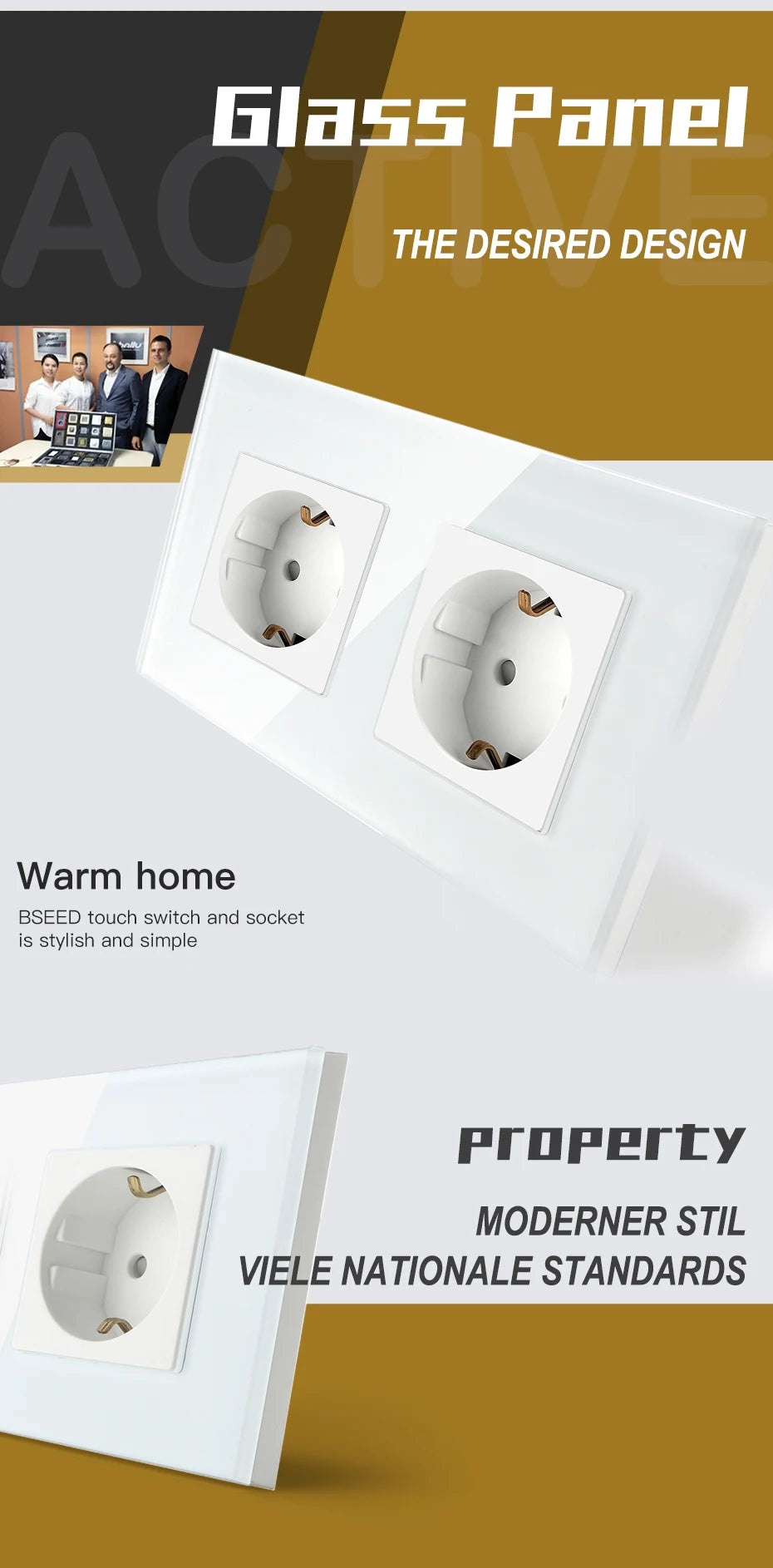 BSEED Touch-Lichtschalter, EU-Standard-Wandsteckdose mit USB Typ-C-Kristallglasscheibe, weiße Farbe, Netzstecker, 1/2/3 Gang-Schalter.