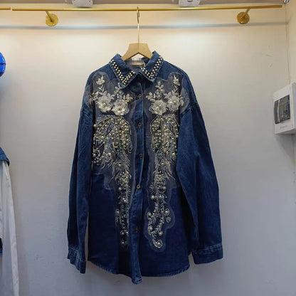 CS0582 New 2025 European Spring Fashion Lace Beading Patch Vintage Jeans Blouse Long Sleeve Denim Women's Shirt Tops Wholesale.